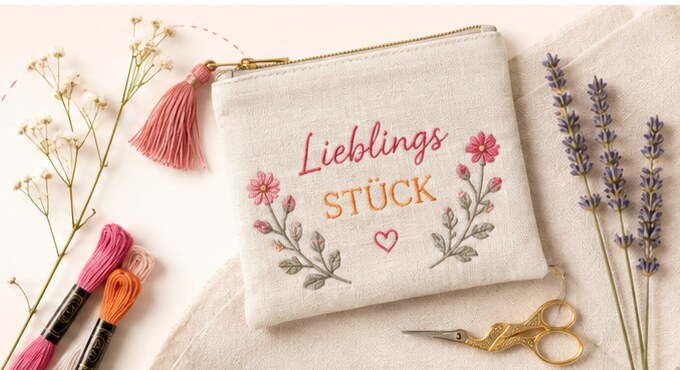 Liebevoll besticktes Lieblingsstück mit Stickgarn und Schere